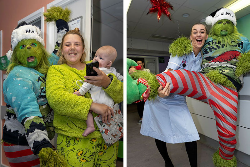 Latest News: The Grinch with mum Gemma Eccles holding her baby son Cooper (left) and raising a leg with Emily Kuzenko, Staff Nurse
